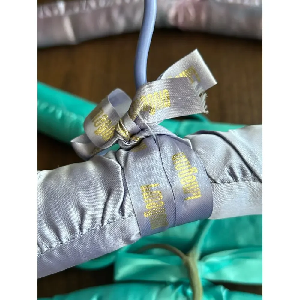 6 Vintage satin padded clothes hangers ribbon bows purple, turquoise, silver